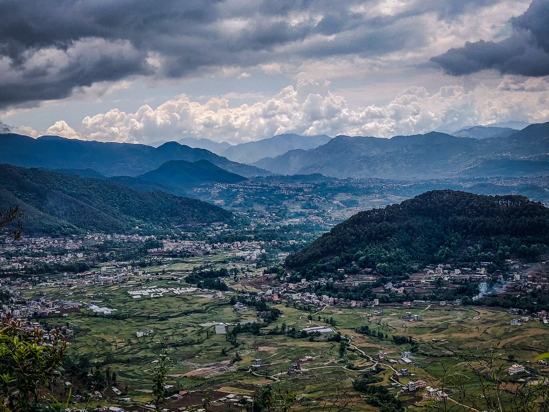 Green Kathmandu valley with houses and hills